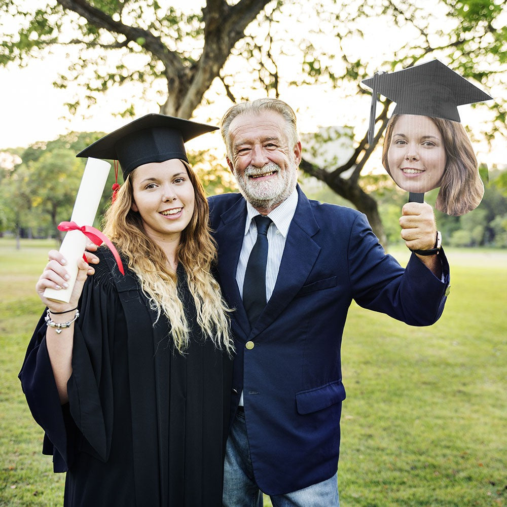 Custom Graduation Head Cut Out Fan with Grad Cap, Head Cutout on Stick Fan, Multi-Size/Pack, Congrats Grad Gift for Graduates/Students/Friends
