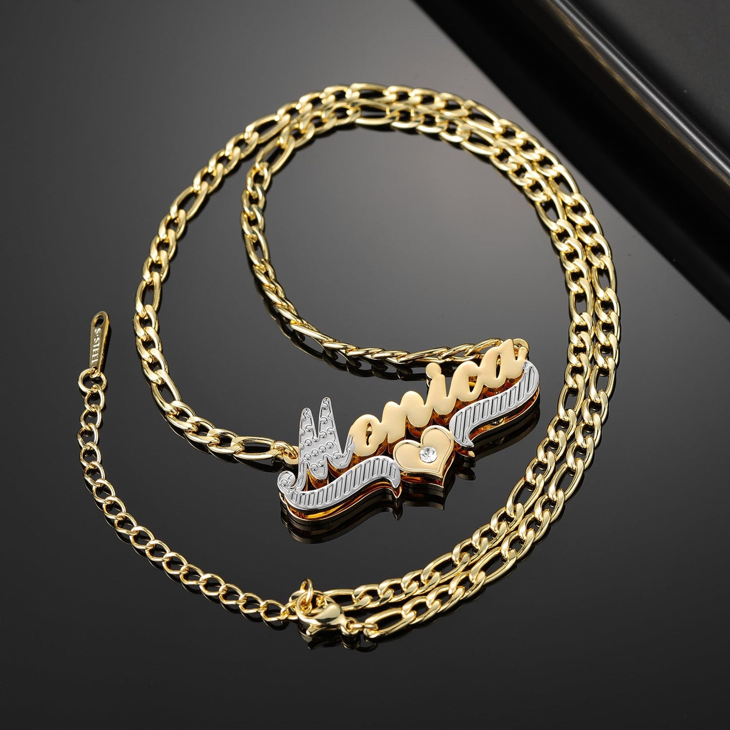 90's Double Plate Two Tone Heart Name Necklace