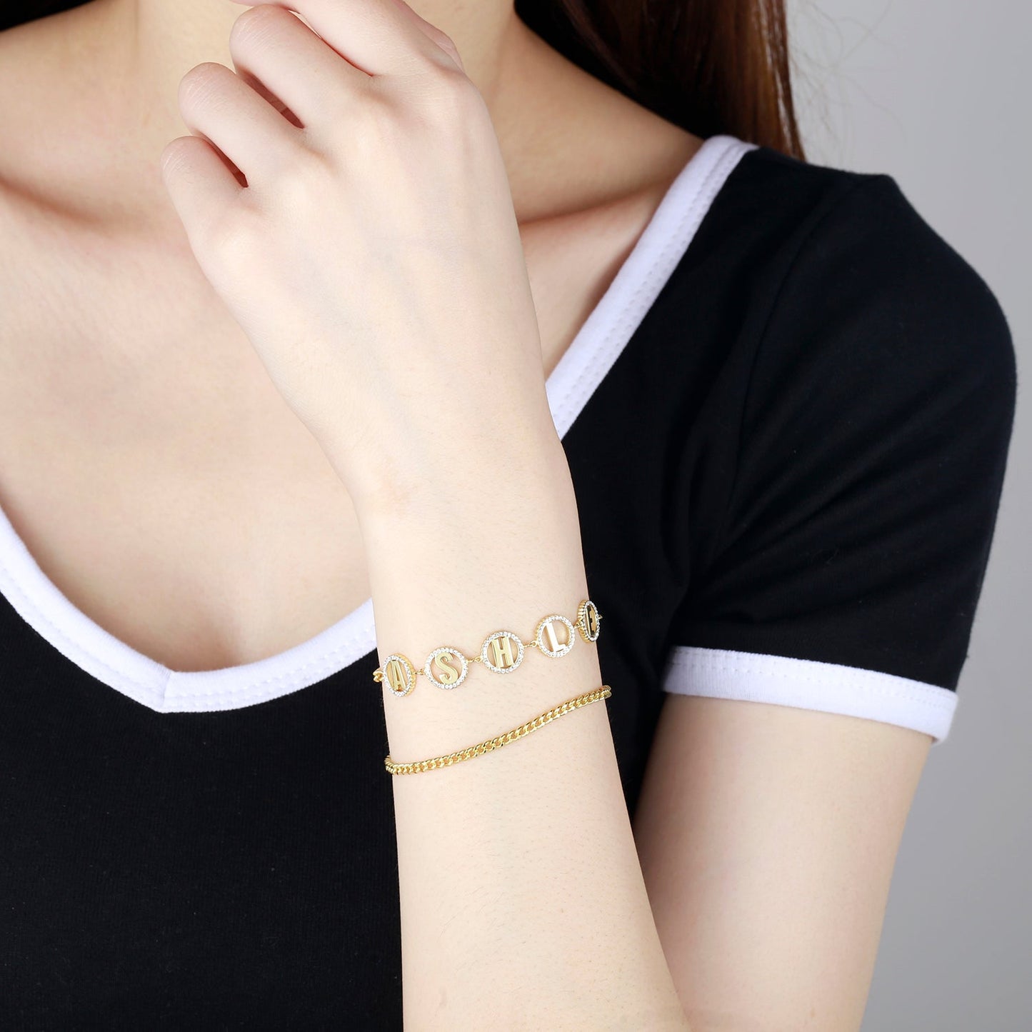 Diamond Round Letter Link Bracelet