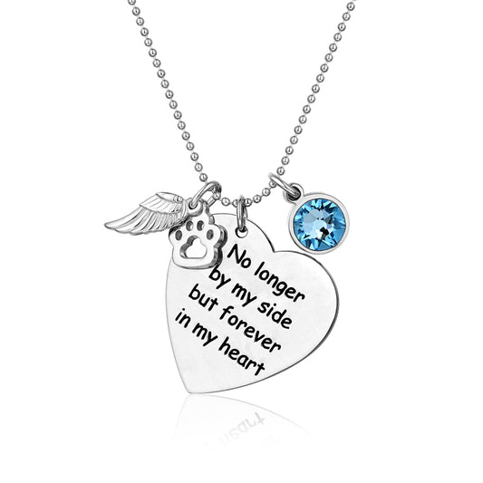 Custom Pet Memorial Heart Birthstone Necklace With Wing And Paw Charms