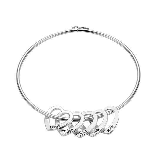 Personalized Silver 925 Bangle Bracelet with Heart Pendants