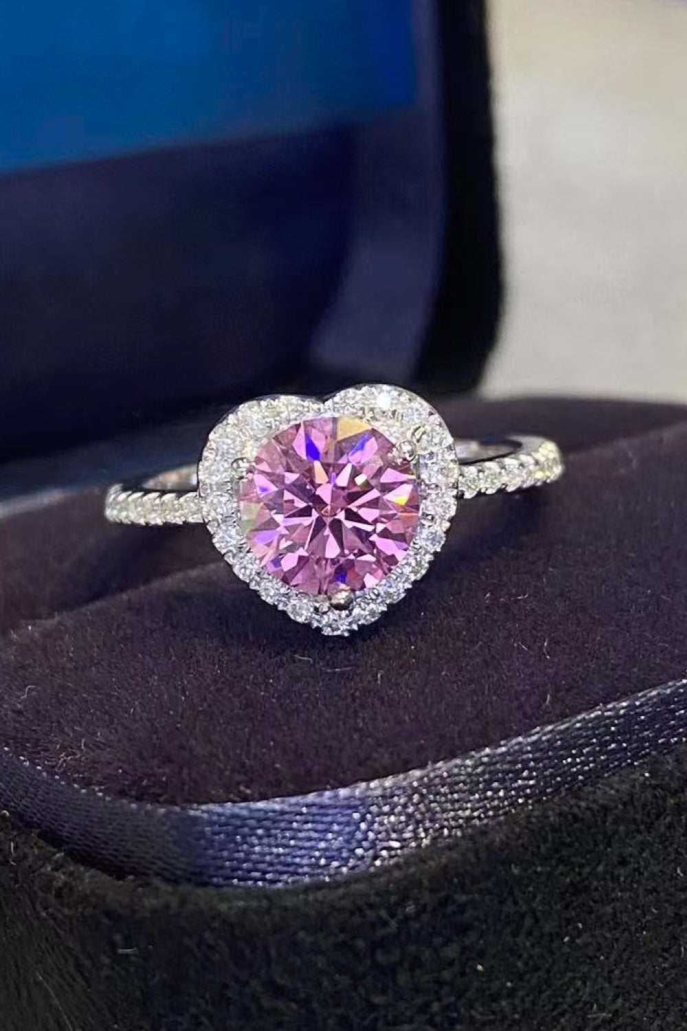 1 Carat Pink Moissanite Halo Heart Ring