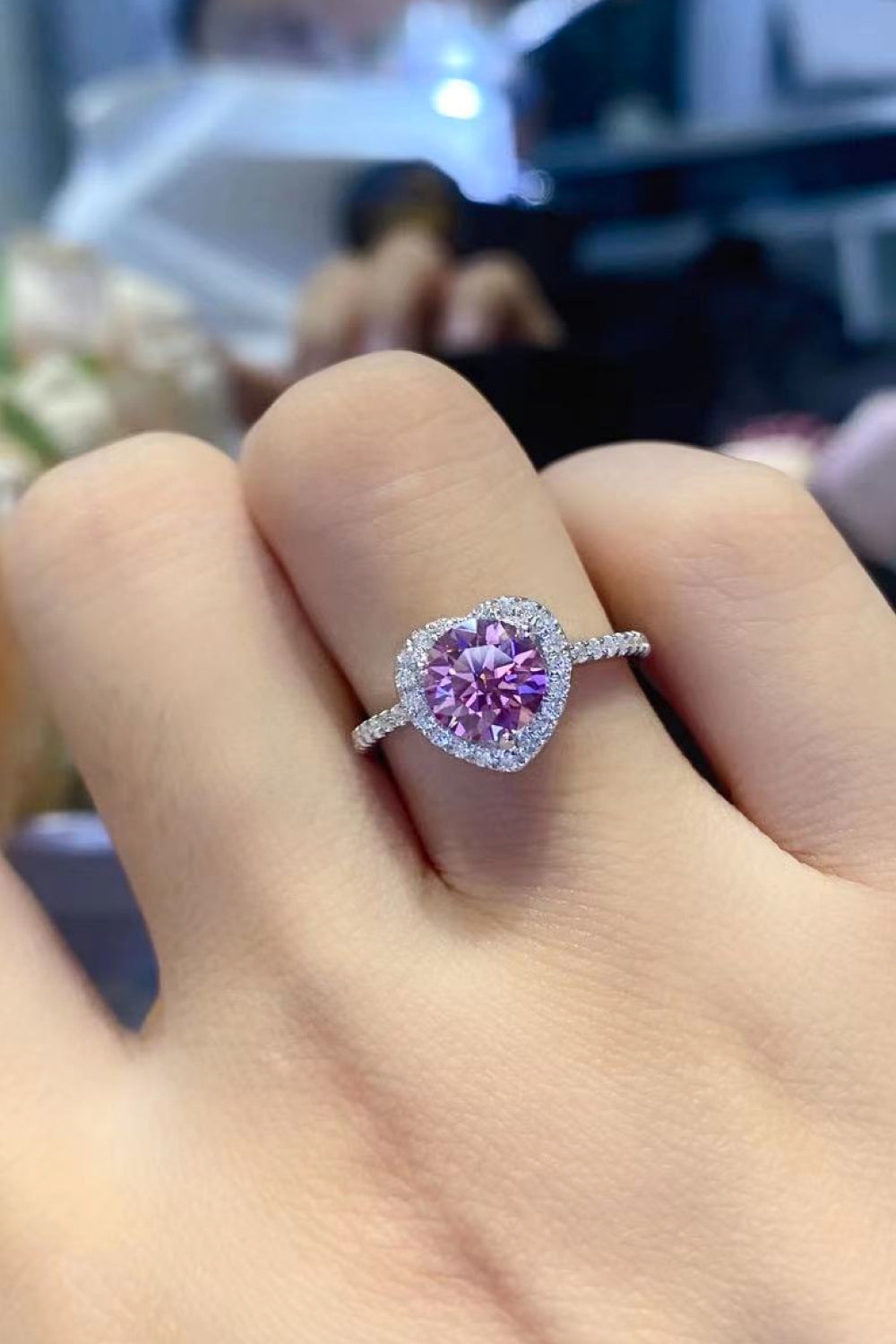 1 Carat Pink Moissanite Halo Heart Ring