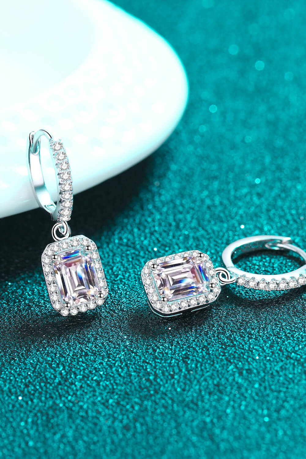 Emerald Cut Halo Moissanite Drop Earrings