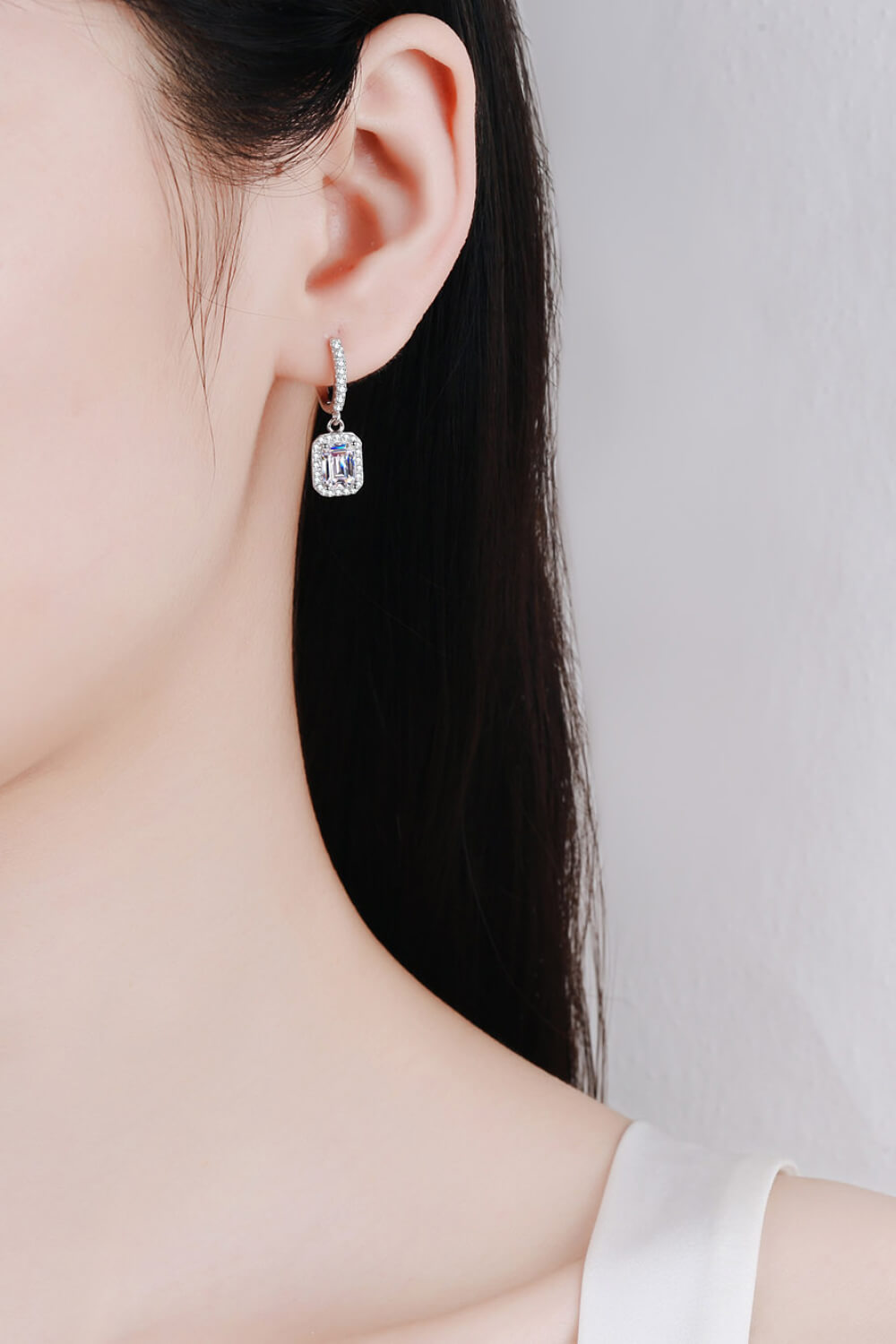 Emerald Cut Halo Moissanite Drop Earrings