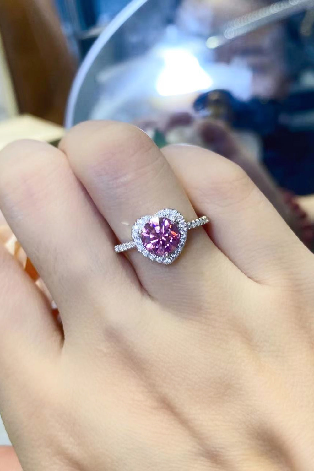 1 Carat Pink Moissanite Halo Heart Ring
