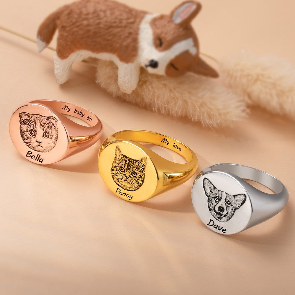 Style2/Custom Pet Portrait Signet Ring, Sterling Silver 925 Ring, Pet Memorial Gift for Dog/Cat Mom/Pet Lover