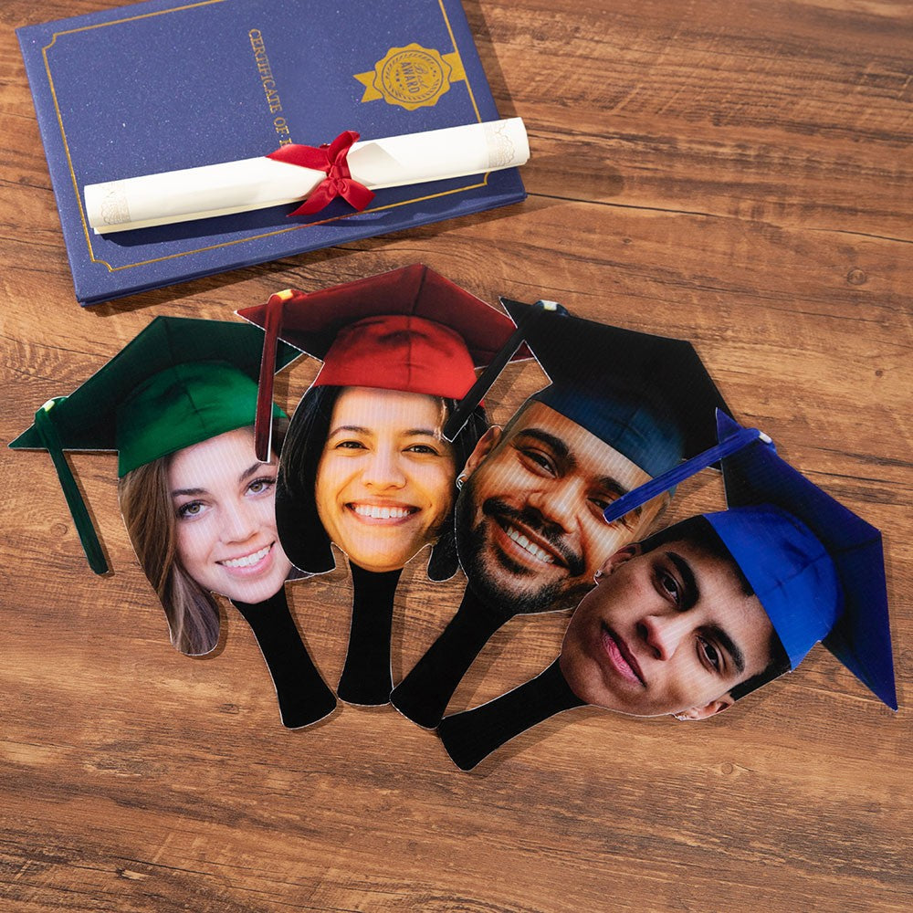 Custom Graduation Head Cut Out Fan with Grad Cap, Head Cutout on Stick Fan, Multi-Size/Pack, Congrats Grad Gift for Graduates/Students/Friends