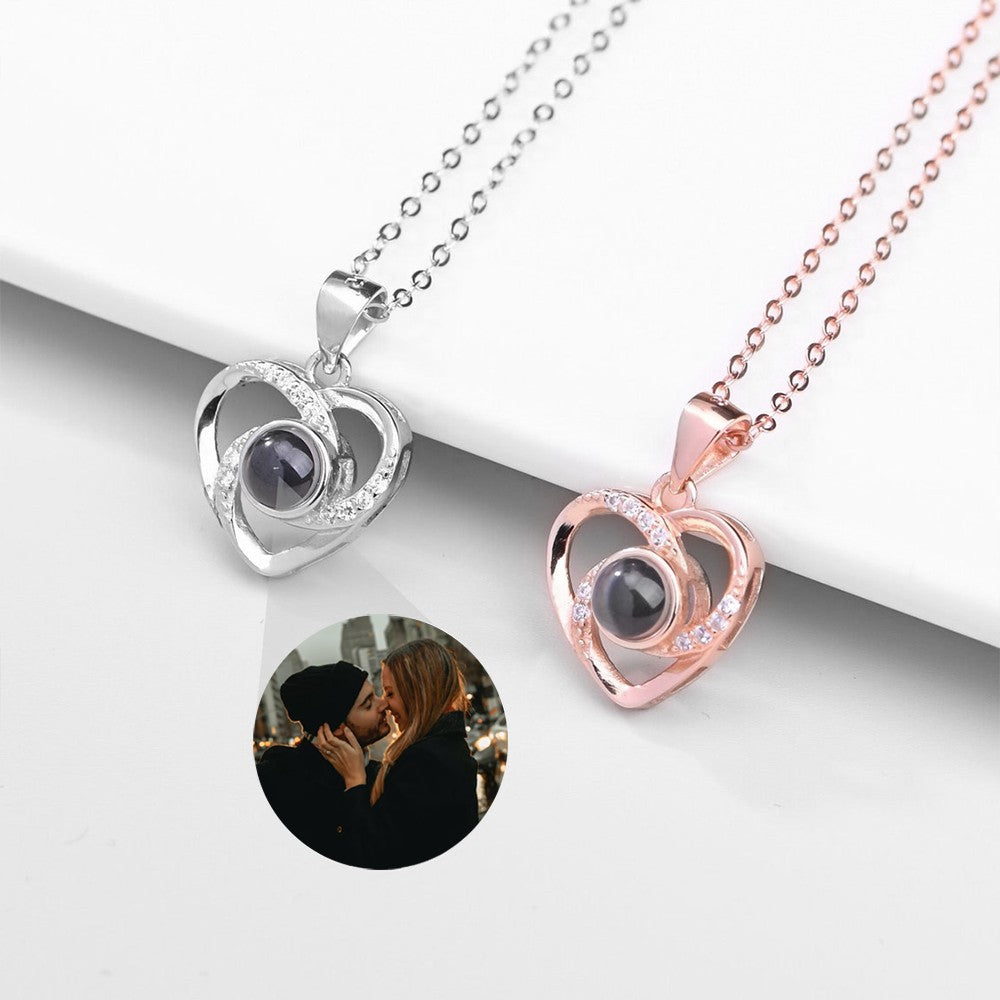 Text around Photo/ Silver 925 Photo Necklace with Love Heart Projection Necklace, 100 Languages I Love You Projection Necklace for Valentine's Day Gift/Memorial Photo Necklace