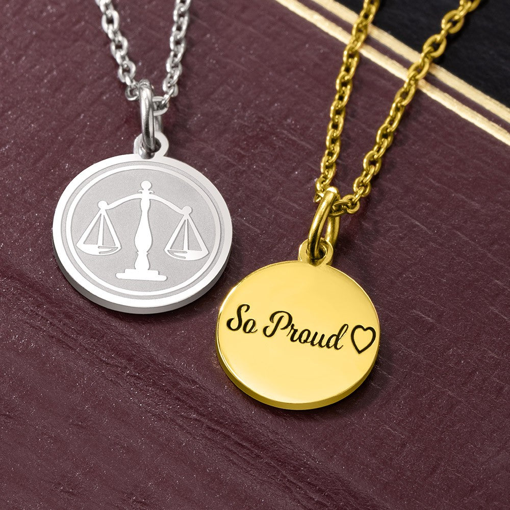 Silver 925 Necklace, Personalized Scale of Justice Necklace, Gold Lawyer Charm, Libra Scales Disc, Birthday/Graduation Gift for Lawyers/Graduates/Friends