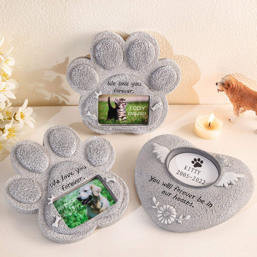 Photo Custom Paw Print Pet Memorial Stone, Resin Simulation Memorial Stone, Heart Memorial Stone, Pet Tombstone for Cat/Dog, Pet Headstone, Pet Grave Marker