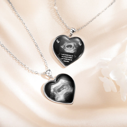 Sterling Silver 925 Necklace, Custom Heart Shaped Baby's Sonogram Ultrasound Necklace with Engraved text, Birthday/New Pregnancy/Newborn Memorial Gift/Women