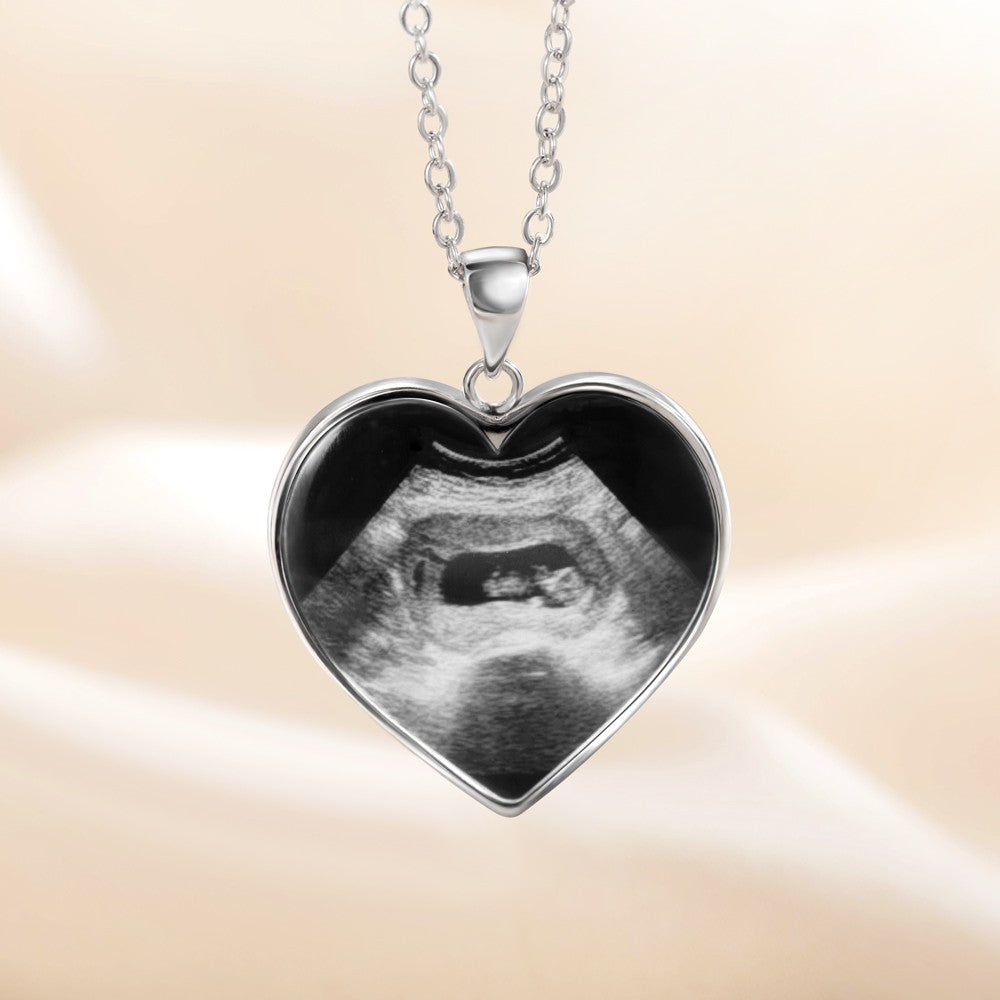 Sterling Silver 925 Necklace, Custom Heart Shaped Baby's Sonogram Ultrasound Necklace with Engraved text, Birthday/New Pregnancy/Newborn Memorial Gift/Women