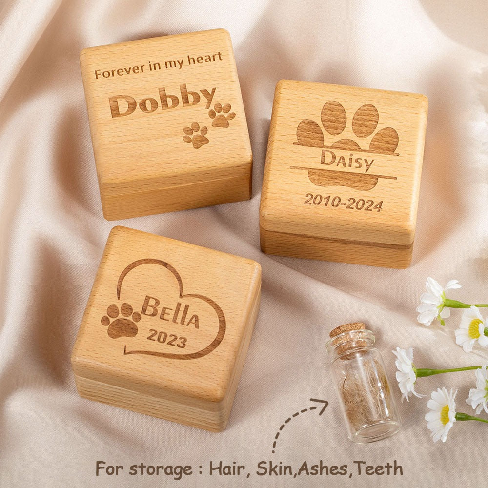 Custom Wooden Pet Ashes Box, Dog Cat Memorial Fur Keepsake, Personalized Pet Ashes Cremation Urn Box, Pet Loss Sympathy Gift for Pet Lover/Owner