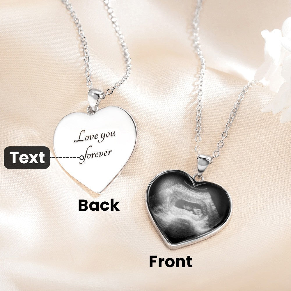 Sterling Silver 925 Necklace, Custom Heart Shaped Baby's Sonogram Ultrasound Necklace with Engraved text, Birthday/New Pregnancy/Newborn Memorial Gift/Women