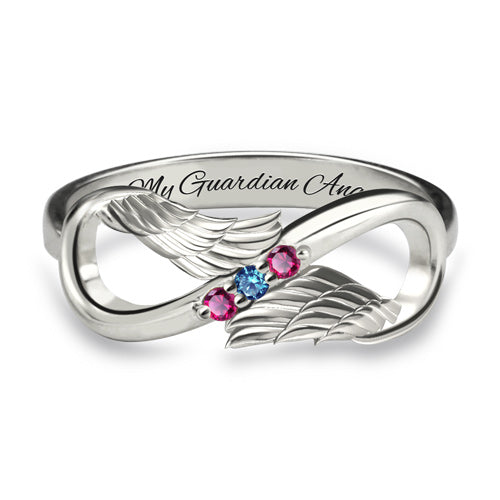 Engraved Angel Wings Infinity Ring with Birthstones Silver