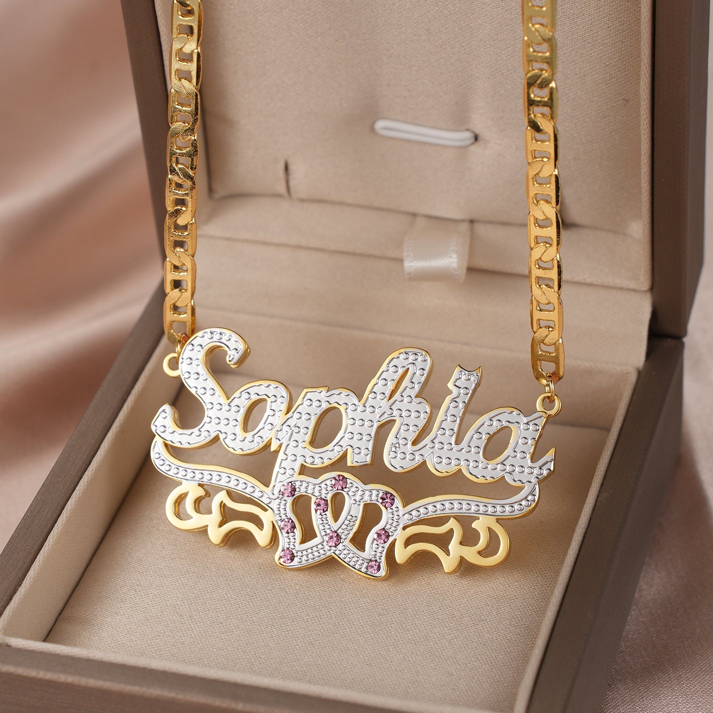 90's Double Plated Name Necklace With Pink Stones