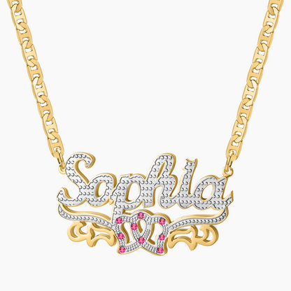 90's Double Plated Name Necklace With Pink Stones