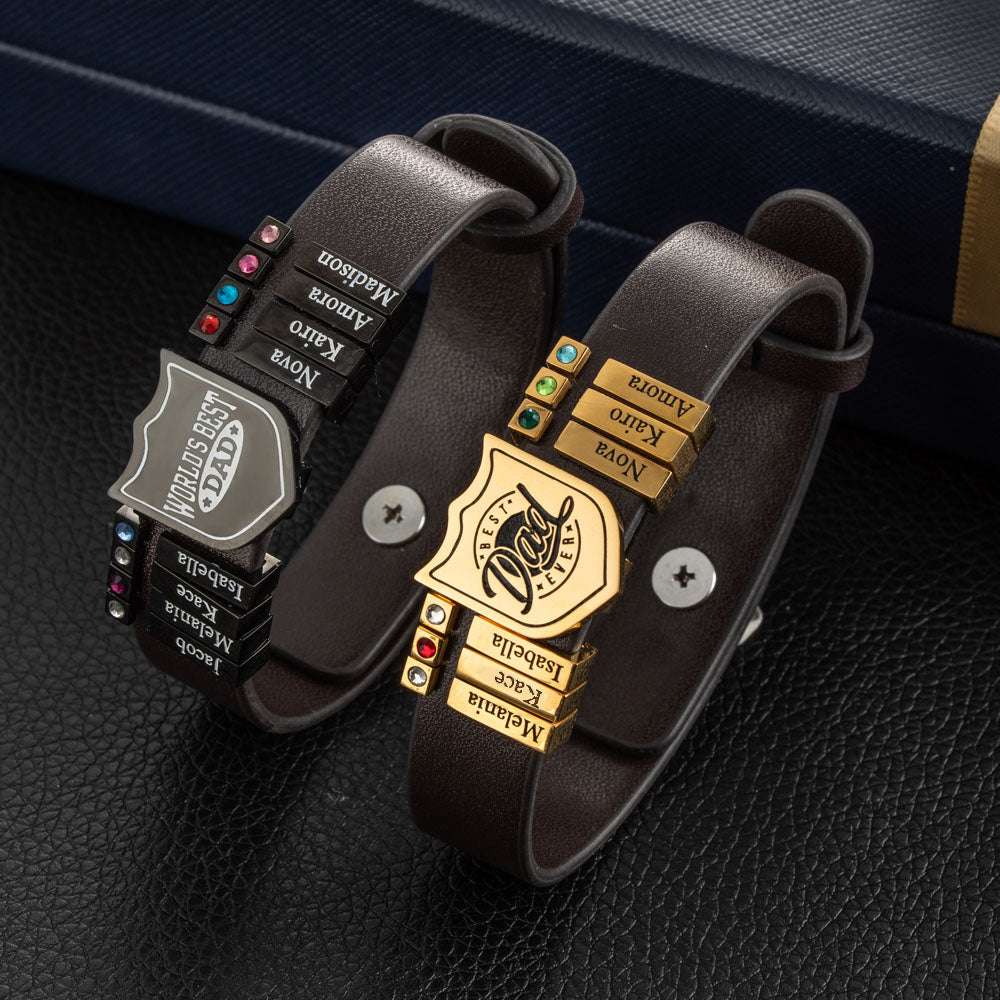 Family Series 1-20 Names Leather Shield Bracelet for Men