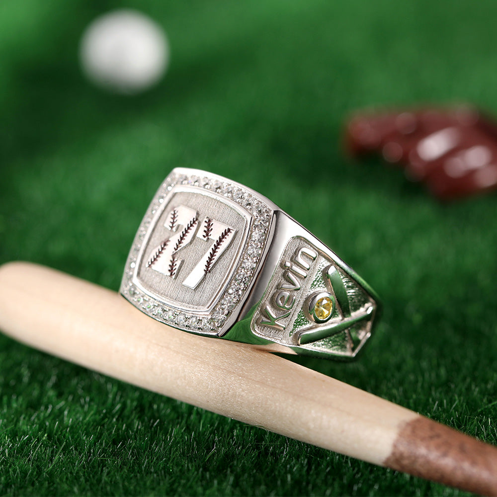 Engraved Baseball Texture Signet Ring with Birthstone