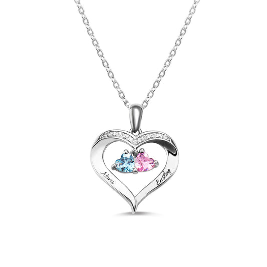 Personalized 2 Heart Birthstone Necklace with Engraving