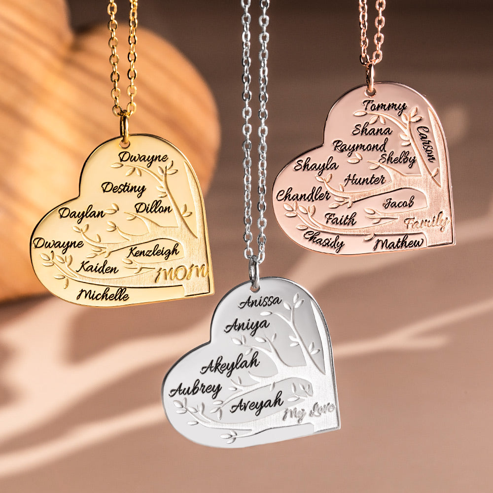 Personalized 1-12 Names Heart Family Tree Necklace Sterling Silver