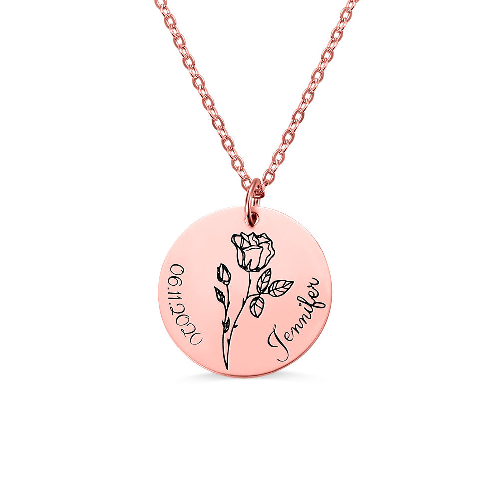 Engraved Birth  Flower Disc Necklace Sterling Silver 20 mm