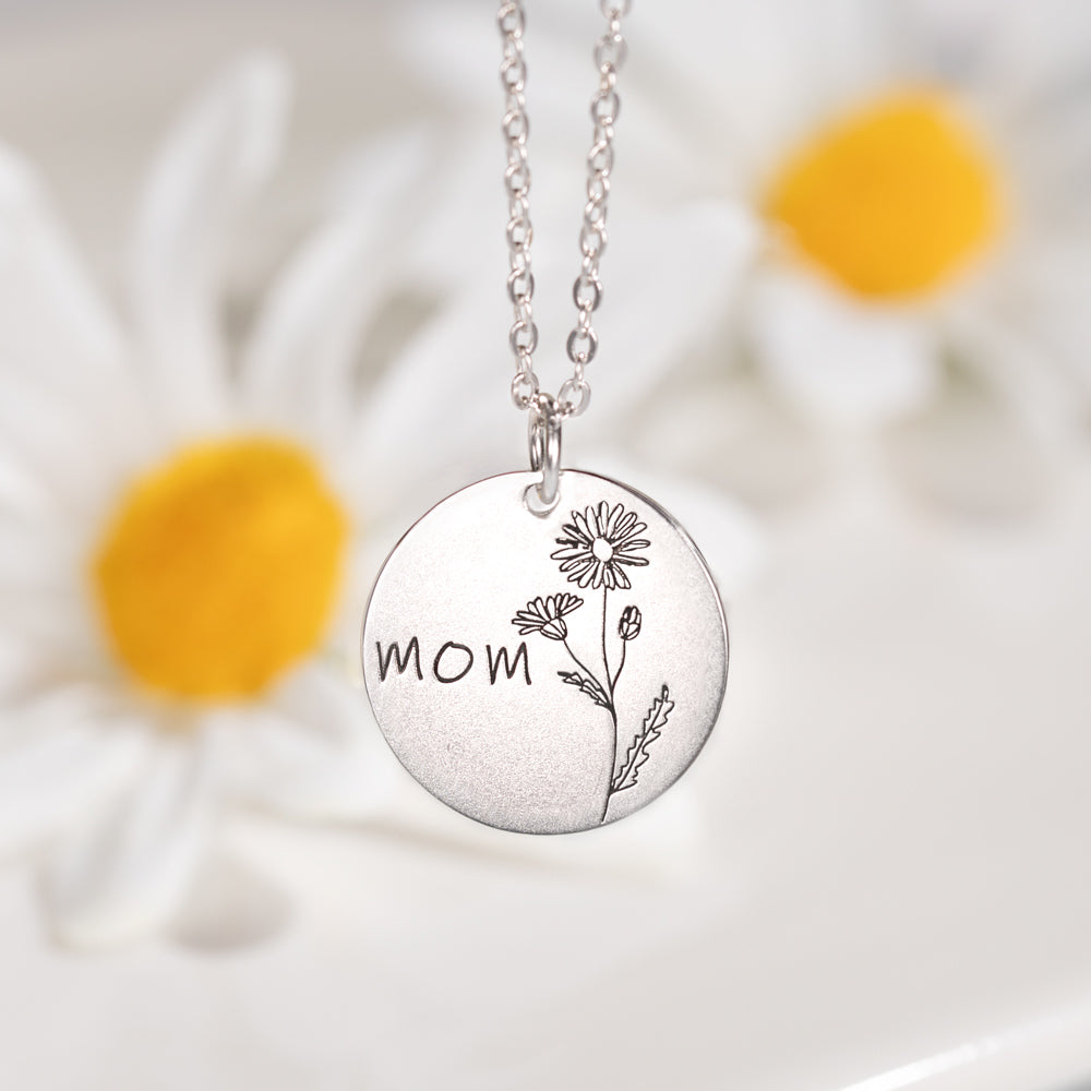 Engraved Birth  Flower Disc Necklace Sterling Silver 20 mm