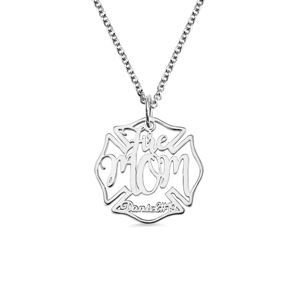 Firefighter Mom Name Badge Necklace Sterling Silver 925