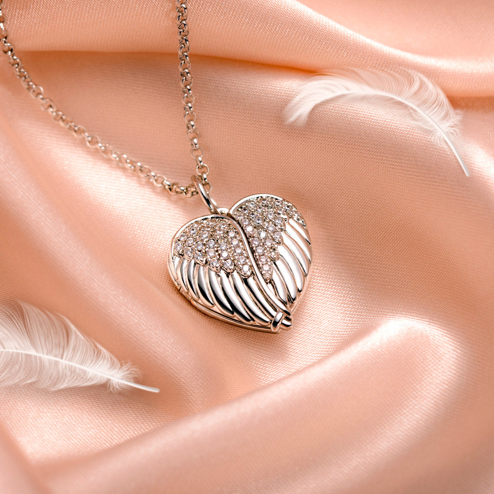 Personalized Angel Wings Heart Photo Locket Necklace Sterling Silver