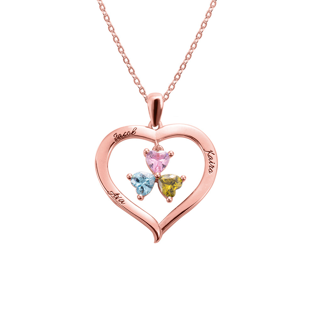 Personalized 3 Heart Birthstones Necklace with Engraving in Silver