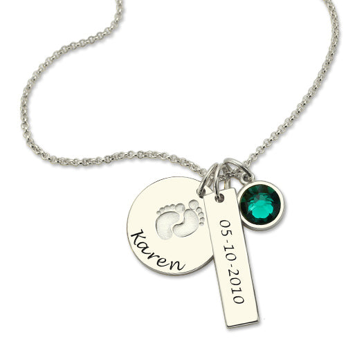 Baby Feet Disc Necklace With Birthstone