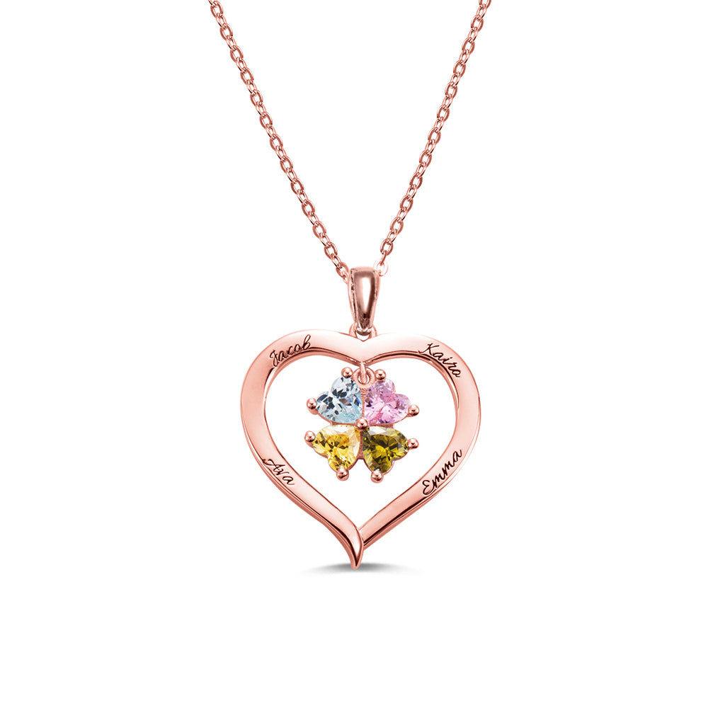 Personalized 4 Heart Birthstones Necklace with Engraving in Silver