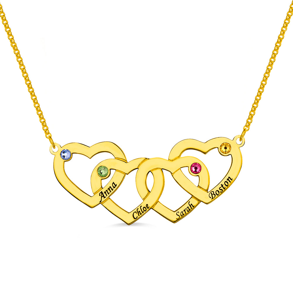 Four Hearts Names&Birthstones Necklace In Silver