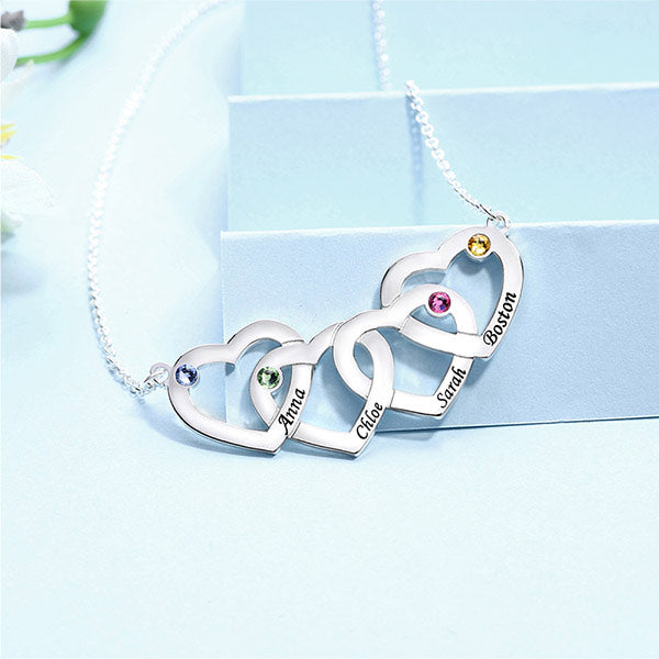 Four Hearts Names&Birthstones Necklace In Silver