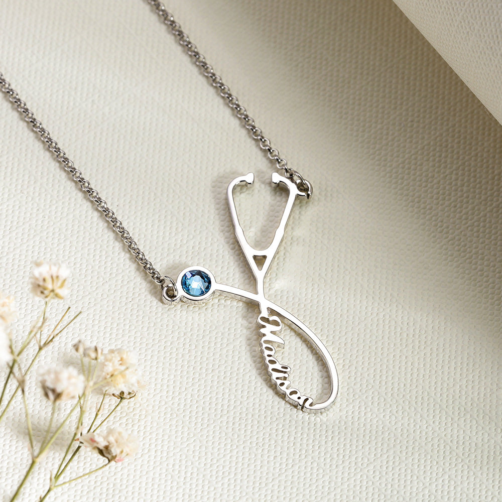 Personalized Stethoscope Name Necklace with Birthstone