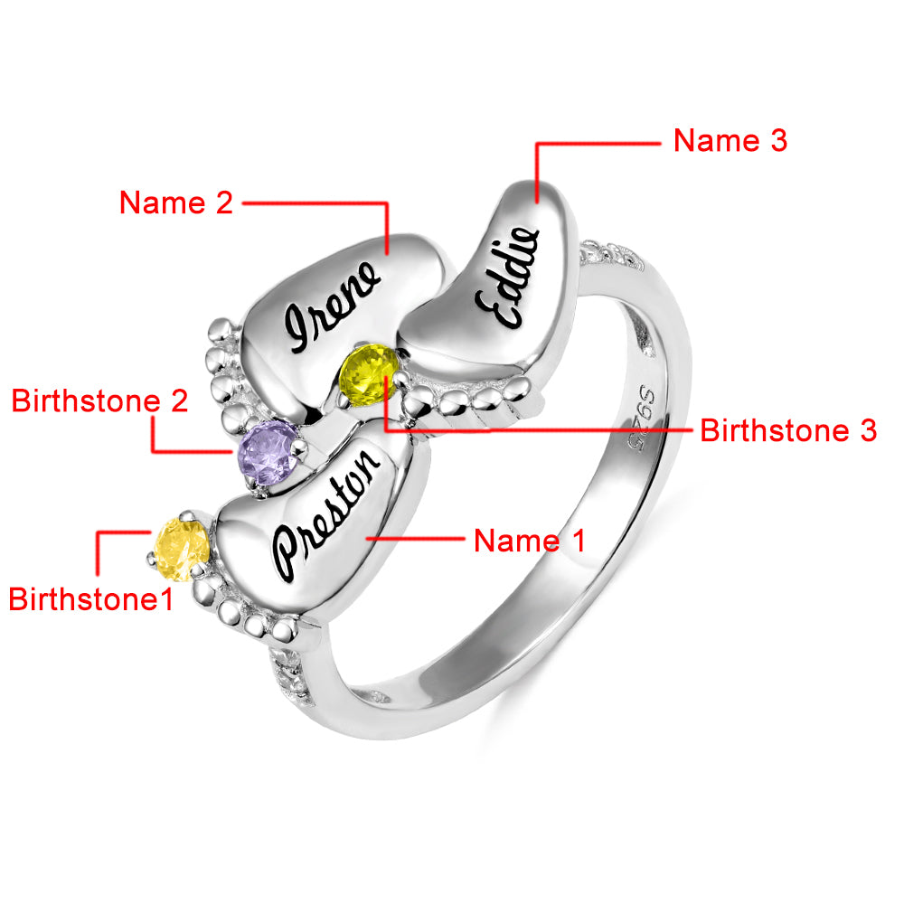 Engraved 3 Baby Feet Name Ring with Birthstone