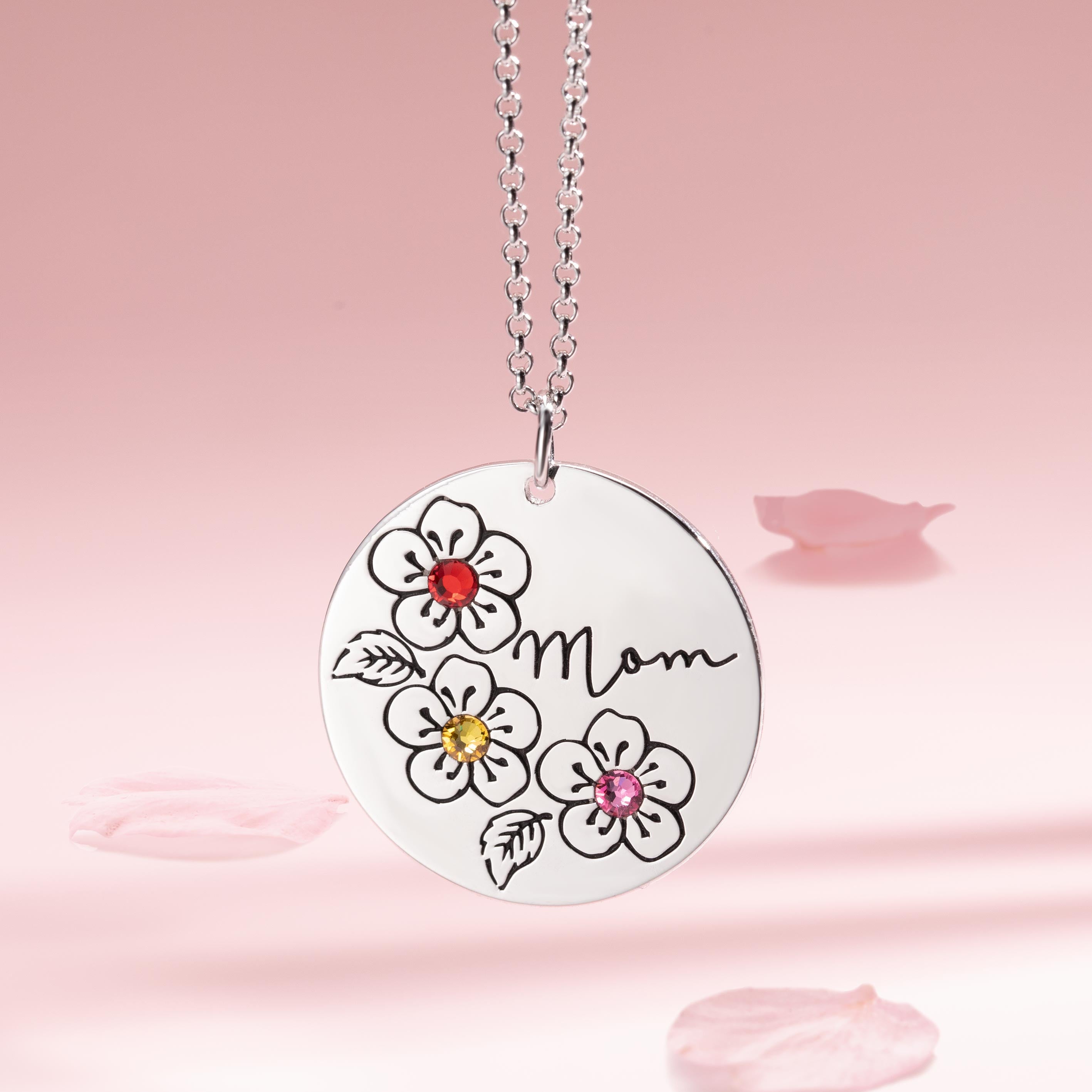 Personalized Birthstone Flower Necklace Gifts for Mother-Sterling Silver 925