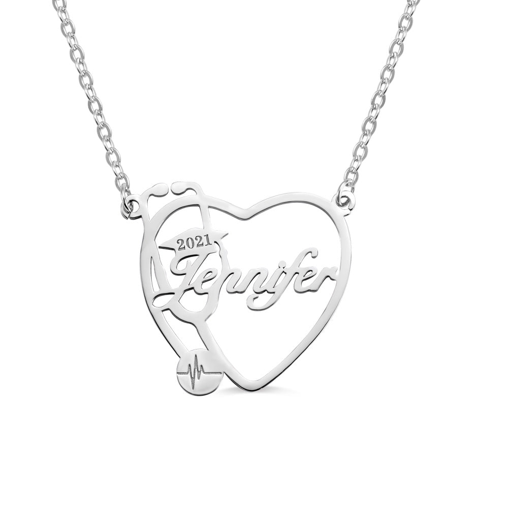 Personalized Heart Stethoscope Name Necklace Sterling Silver