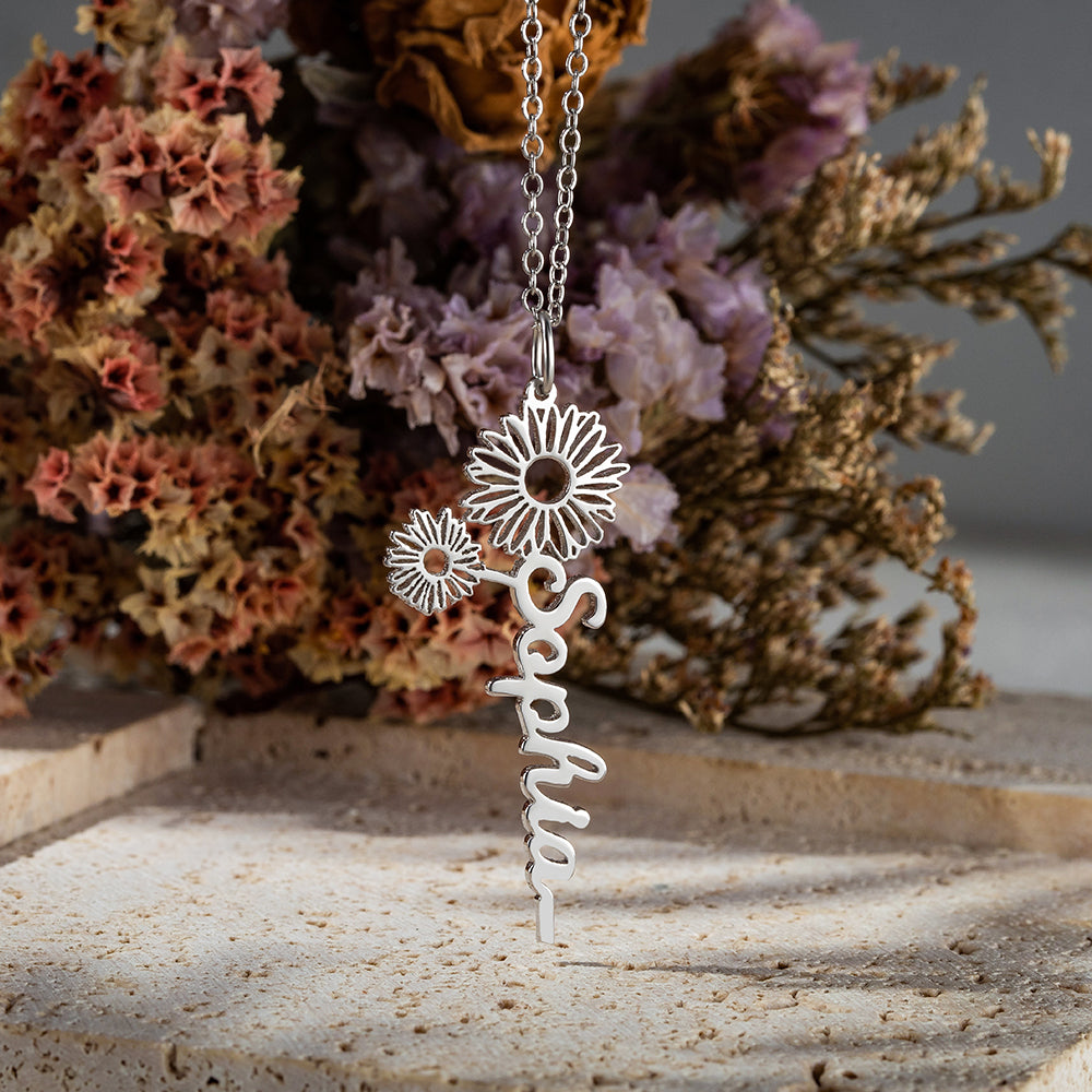 Dainty Floral Personalized Necklace with Birth Flower Sterling Silver 925