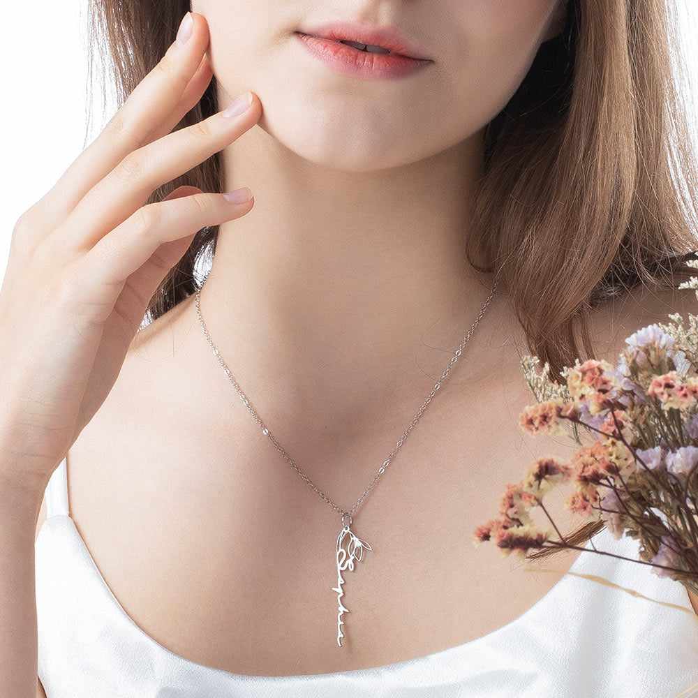 Dainty Floral Personalized Necklace with Birth Flower Sterling Silver 925