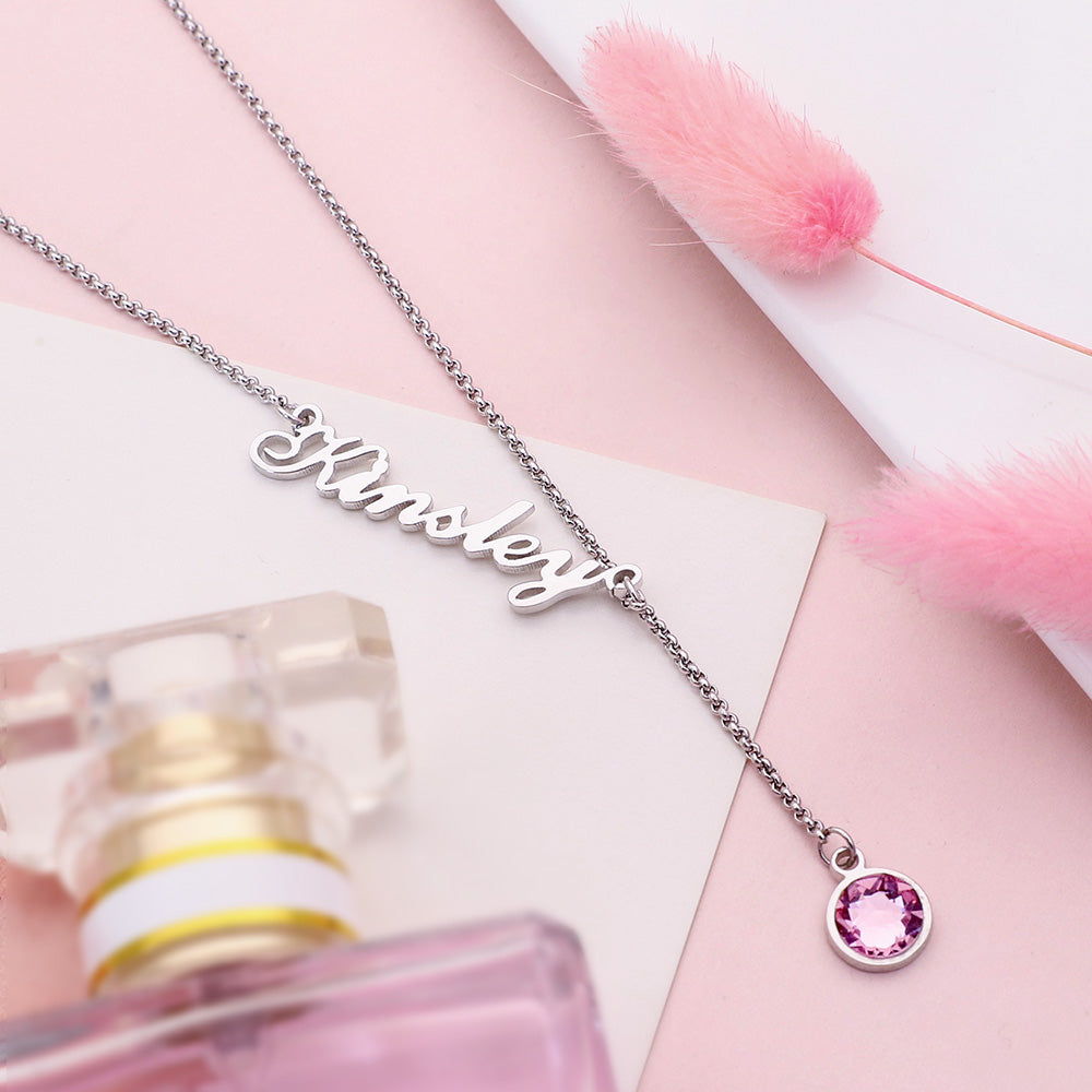 Personalized Simple Name & Birthstone Y Necklace Sterling Silver 925