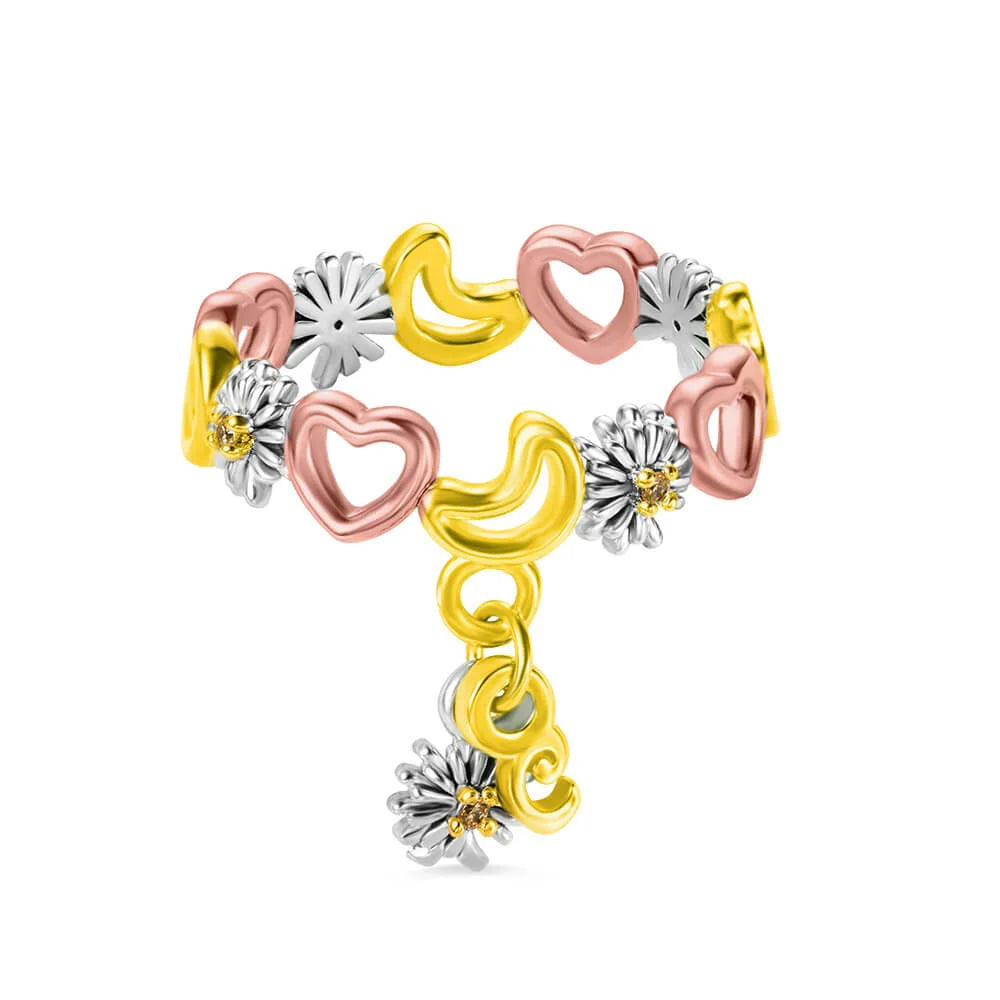 Initial Moon, Heart & Flower Charm Ring