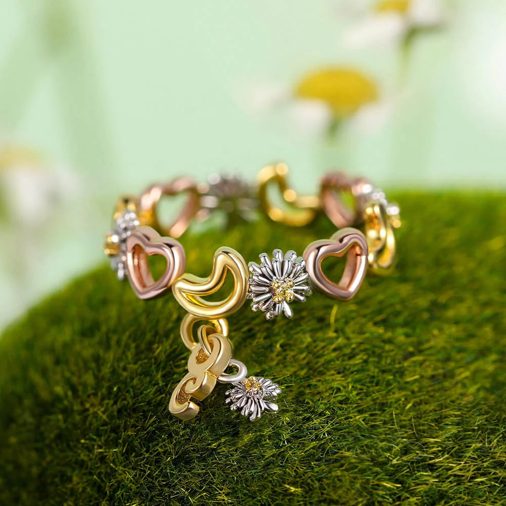 Initial Moon, Heart & Flower Charm Ring