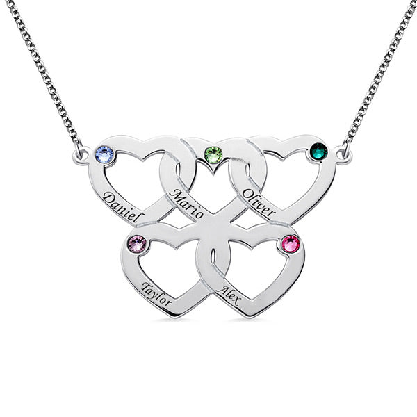 Engraved Five Hearts Necklace With Birthstones Sterling Silver