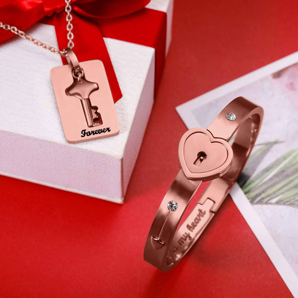 Personalized Couple's Bracelet and Key Necklace Set
