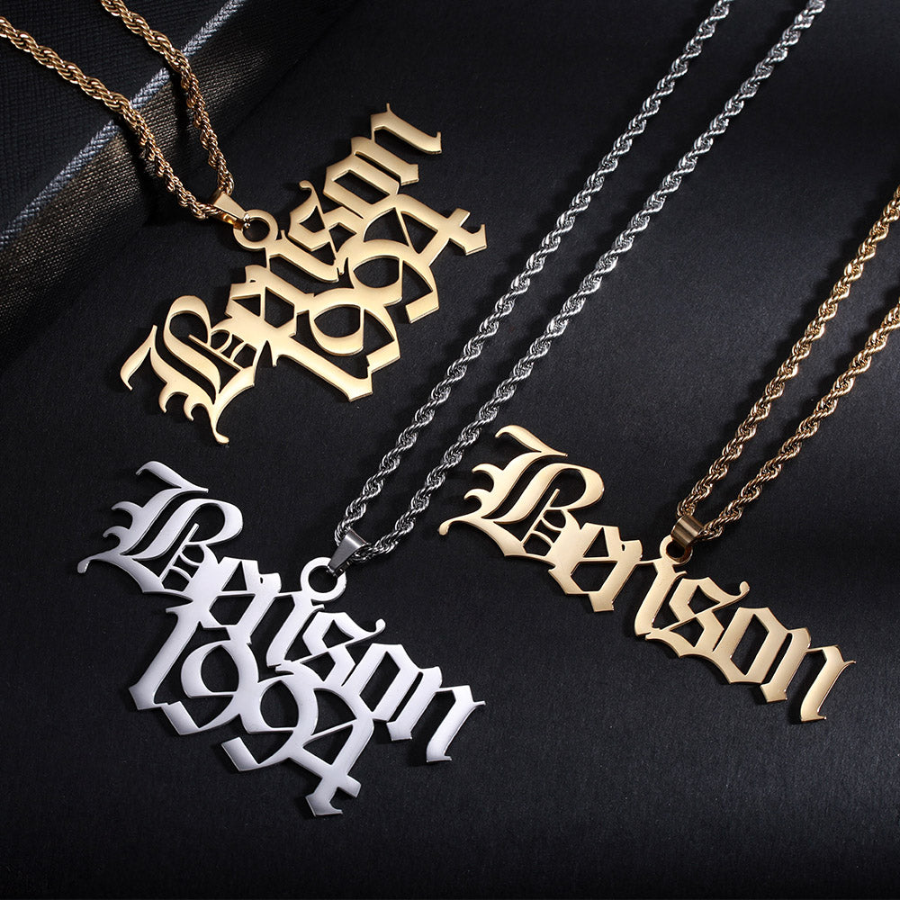 Personalized Old English Name Necklace W/ Rope Chain