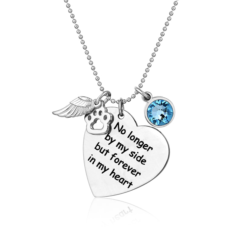 Custom Pet Memorial Heart Birthstone Necklace With Wing And Paw Charms