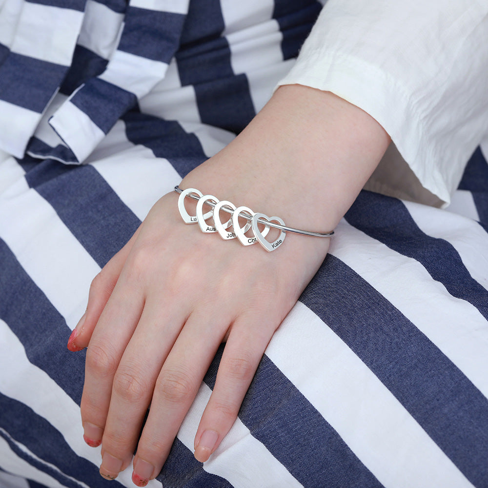 Personalized Silver 925 Bangle Bracelet with Heart Pendants
