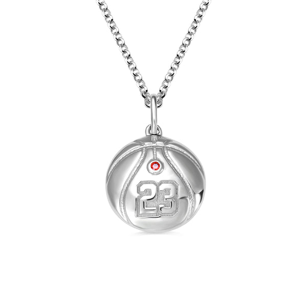 Engraved Basketball Necklace with Number And Birthstone in Silver